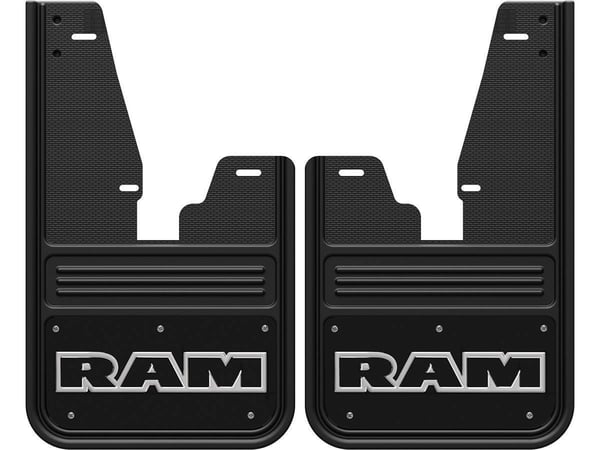 Gatorback RAM Text with Black Wrap Logo No Drill Front Mud Flaps - with OEM Fender Flares
